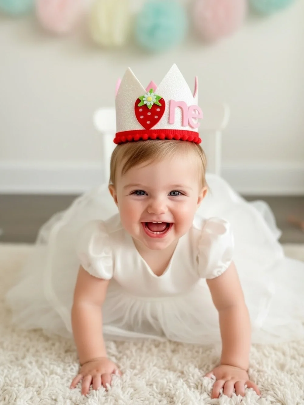 Pink and White Sparkle Strawberry 1st Birthday Crown